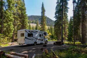 Home - beautiful campsite mountains with rv wooden bench scaled